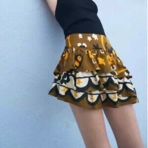 Zara Mini Skirt Womens M Olive Green Floral Tiered Asymmetric Linen Cotton Indie